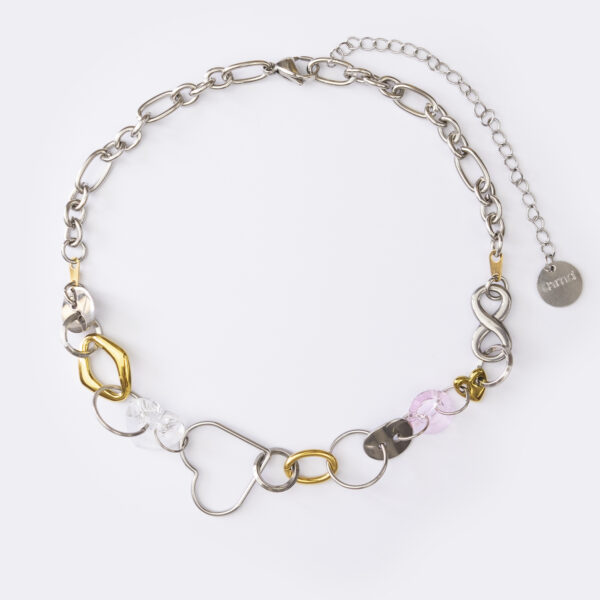 Collier en acier inoxydable. Il s'agit d'un collier composé d'une chaine argenté et d'une multitude de charms doré, argenté ou en cristal.